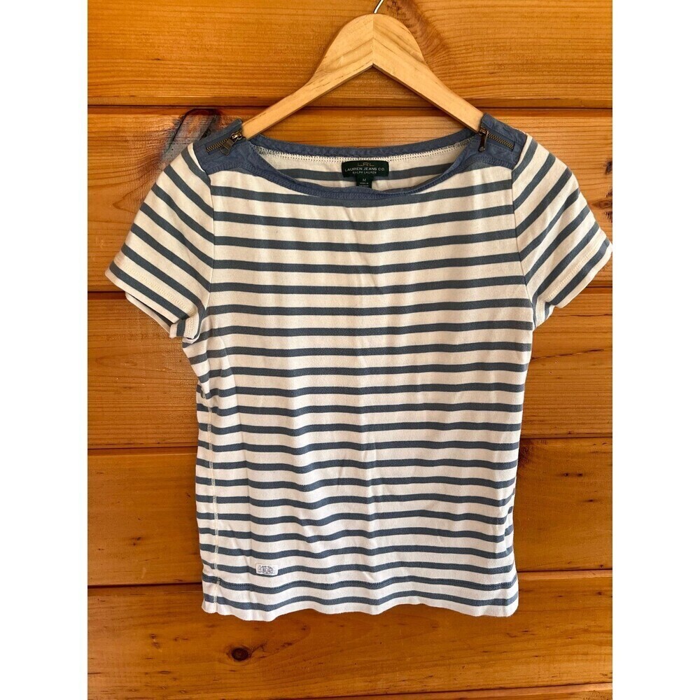Womens Lauren Jeans Co Blue cream striped Knit Top Zip accent Sleeve Shirt SZ M